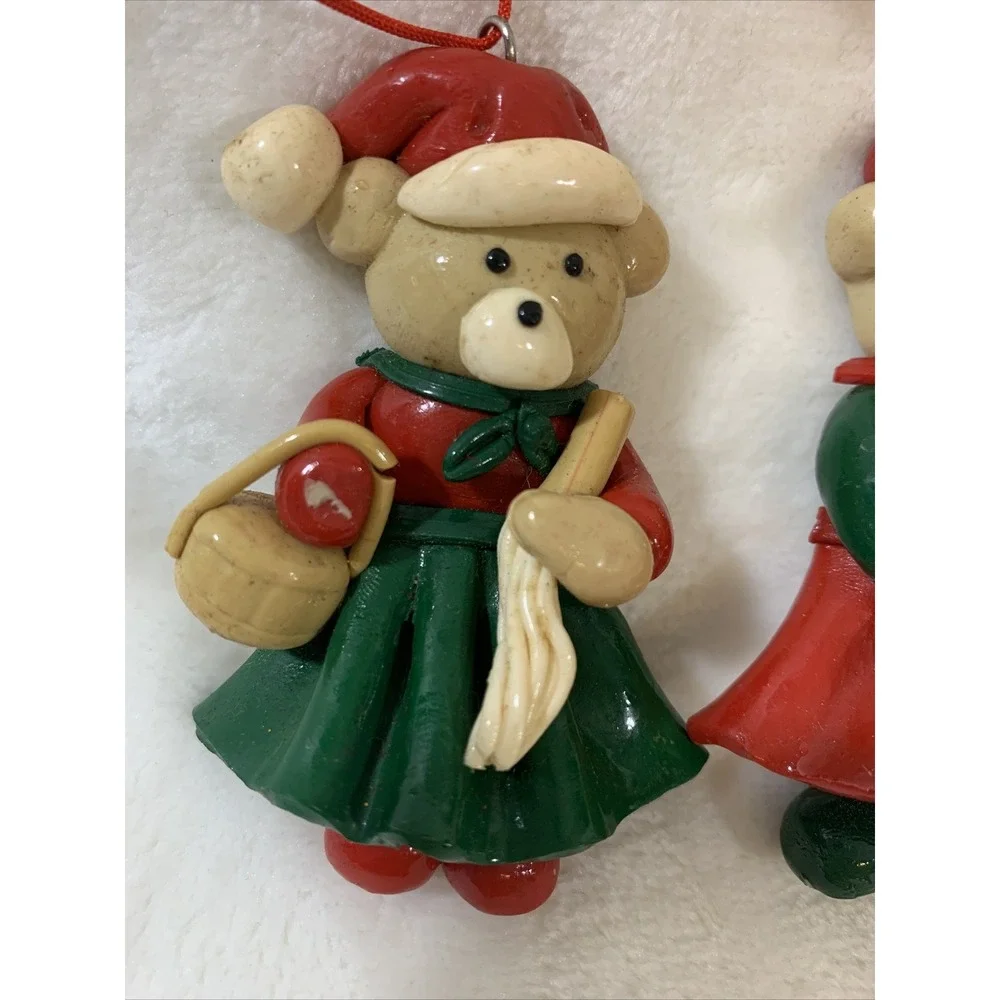 Lot Of 2 Vintage Glazed Salt Dough Type Christmas Bear Festive Holiday Ornaments